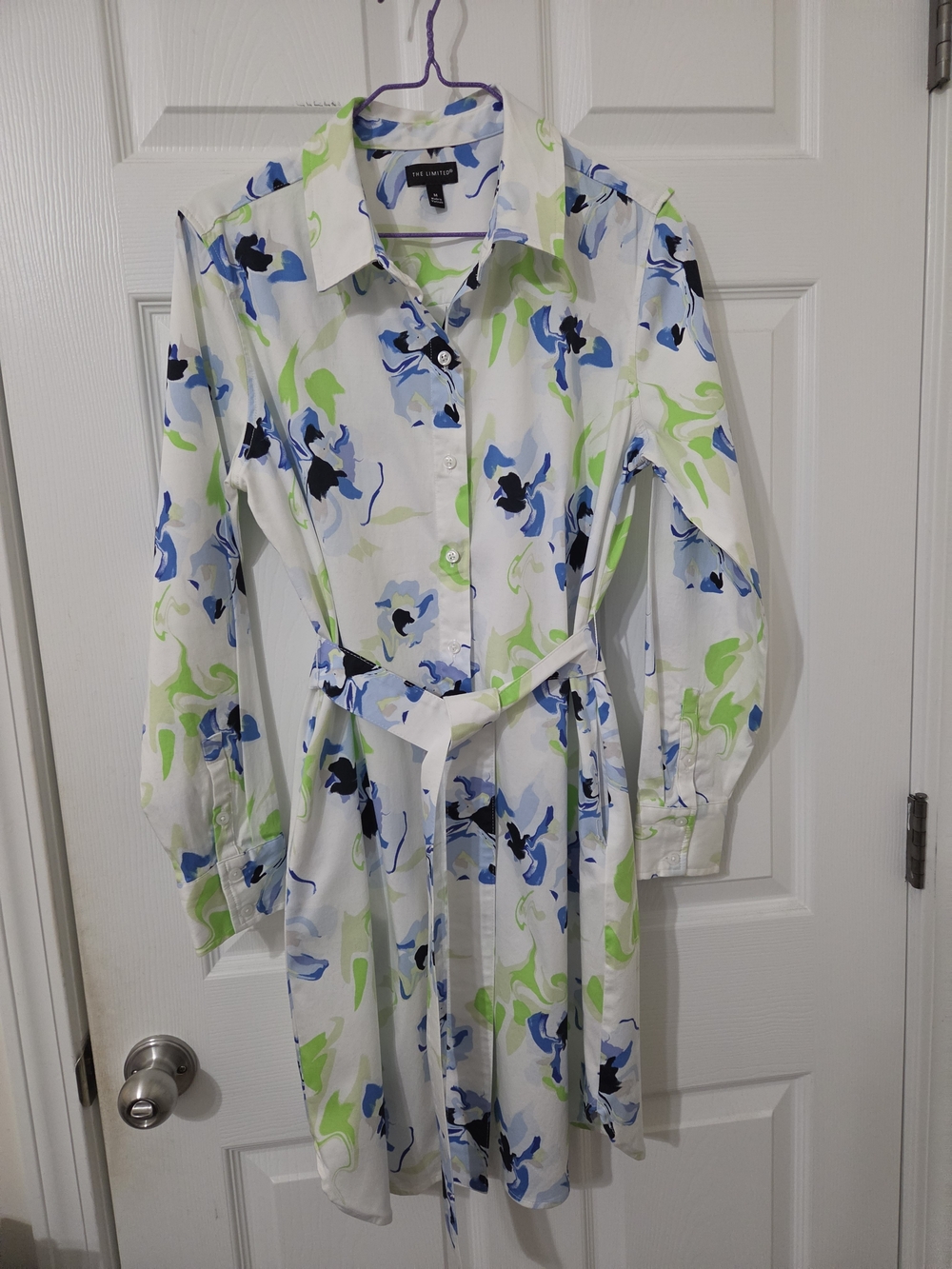 The Limited White Floral Button-Front Shirt Dress - Blue & Green - Excellent Con